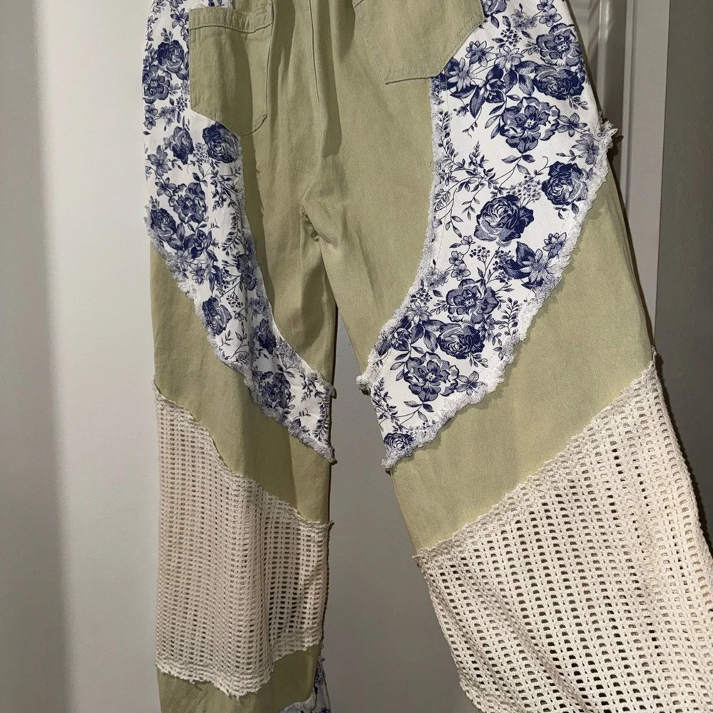 POL Medium Patch Work Mesh Denim Sage Green Jeans. Elastic in waist iNWOT. New - Picture 5 of 8